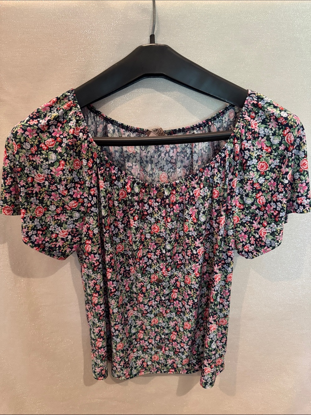 Lavish Dark Blue Floral Stretchy Puff Sleeve Blouse with Pink Roses
